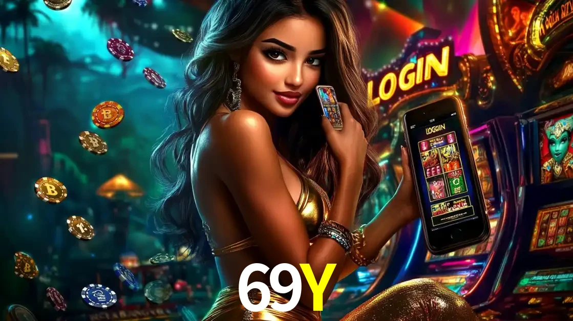 Mulher em um cenário de cassino temático de aventura, mostrando o app de caça-níqueis da 69Y no celular. Fichas de apostas flutuam ao redor.